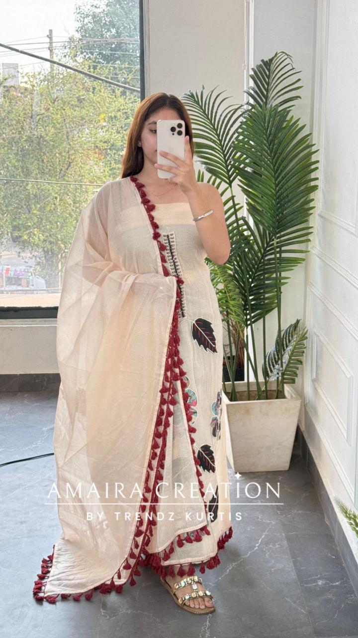 Premium Mul Chanderi Light Peach Colour Patch Work Detailing Unstitched Suit