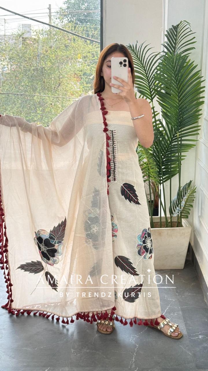 Premium Mul Chanderi Light Peach Colour Patch Work Detailing Unstitched Suit