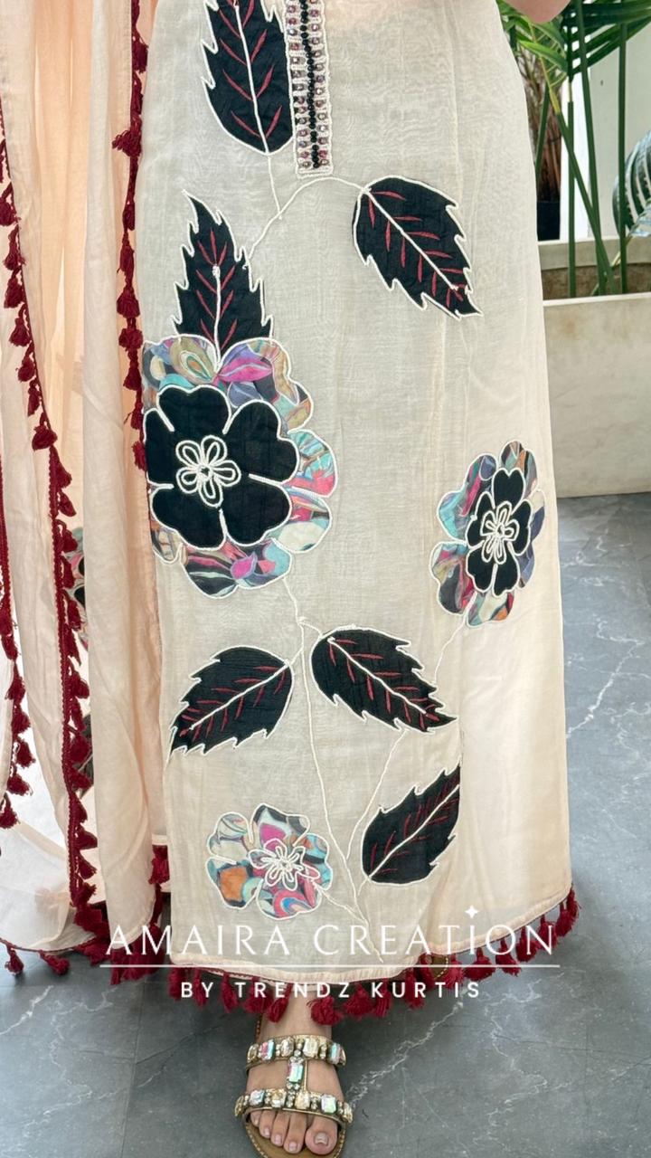 Premium Mul Chanderi Light Peach Colour Patch Work Detailing Unstitched Suit