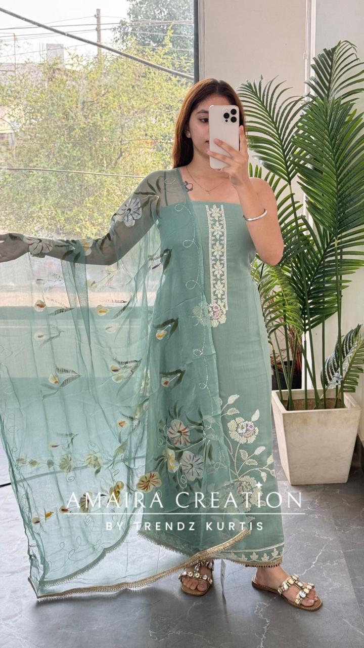 Premium Soft Muslin Firozi Colour Floral Print Unstitch Suit
