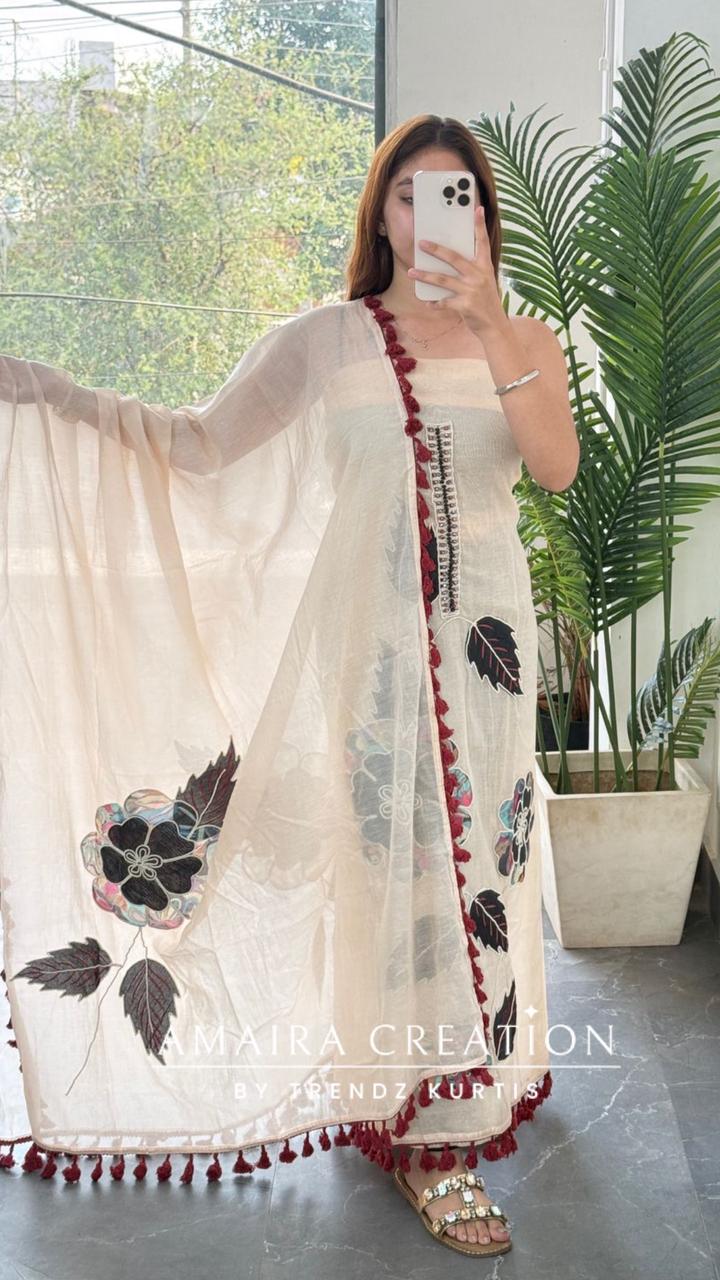 Premium Mul Chanderi Light Peach Colour Patch Work Detailing Unstitched Suit