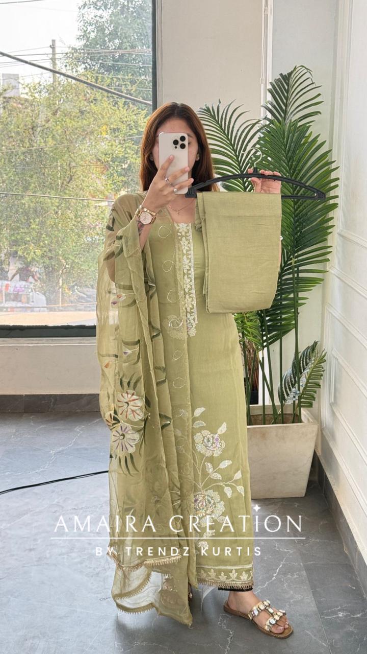 Premium Soft Muslin Sea Green Colour Floral Print Unstitch Suit