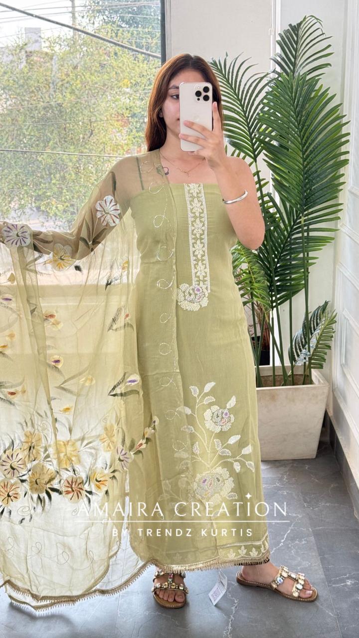 Premium Soft Muslin Sea Green Colour Floral Print Unstitch Suit