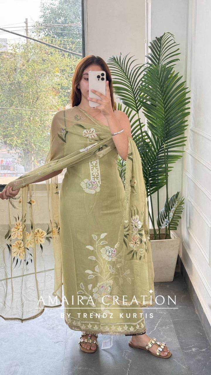 Premium Soft Muslin Sea Green Colour Floral Print Unstitch Suit
