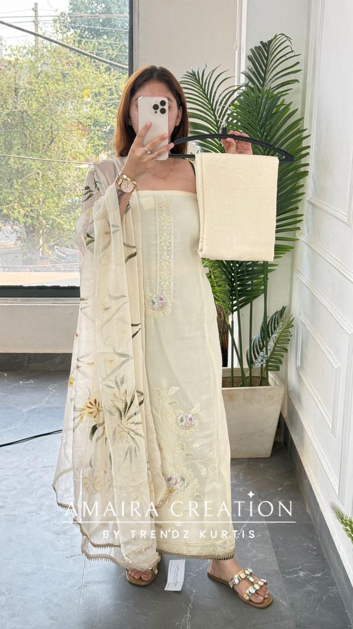 Premium Soft Muslin Cream Colour Floral Print Unstitch Suit