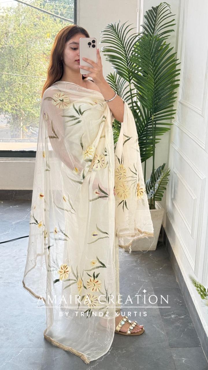 Premium Soft Muslin Cream Colour Floral Print Unstitch Suit