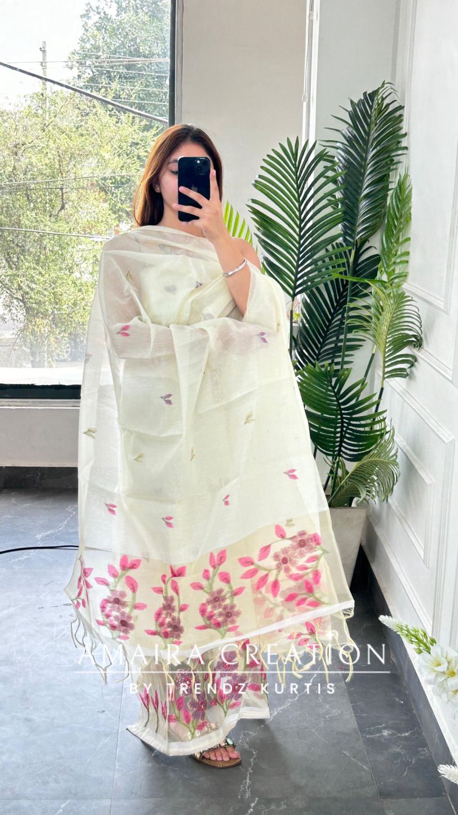 Premium Mul Chanderi Off White Pink Colour Unstitched Suit With Organza Dupatta