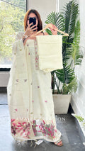 Premium Mul Chanderi Off White Pink Colour Unstitched Suit With Organza Dupatta