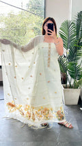 Premium Mul Chanderi Off White Pink Colour Unstitched Suit With Organza Dupatta