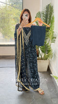 Premium Chinnon Fabric V neck Pattern Blue Colour Unstitched Suit With Georgette Dupatta
