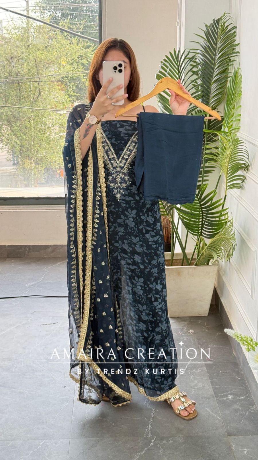 Premium Chinnon Fabric V neck Pattern Blue Colour Unstitched Suit With Georgette Dupatta