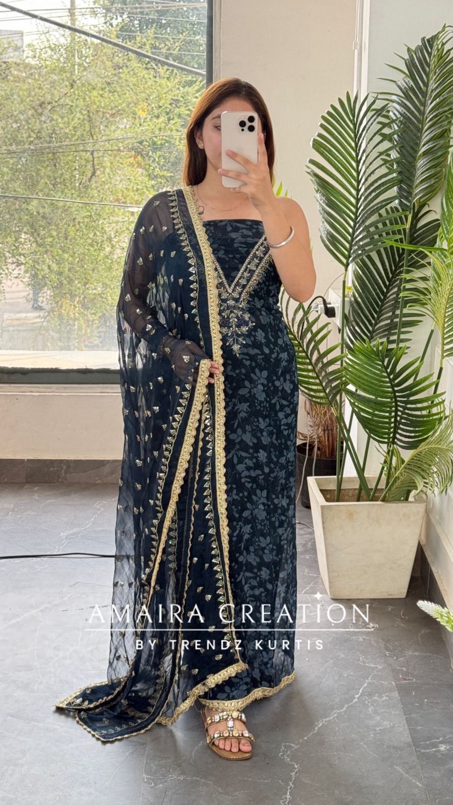 Premium Chinnon Fabric V neck Pattern Blue Colour Unstitched Suit With Georgette Dupatta