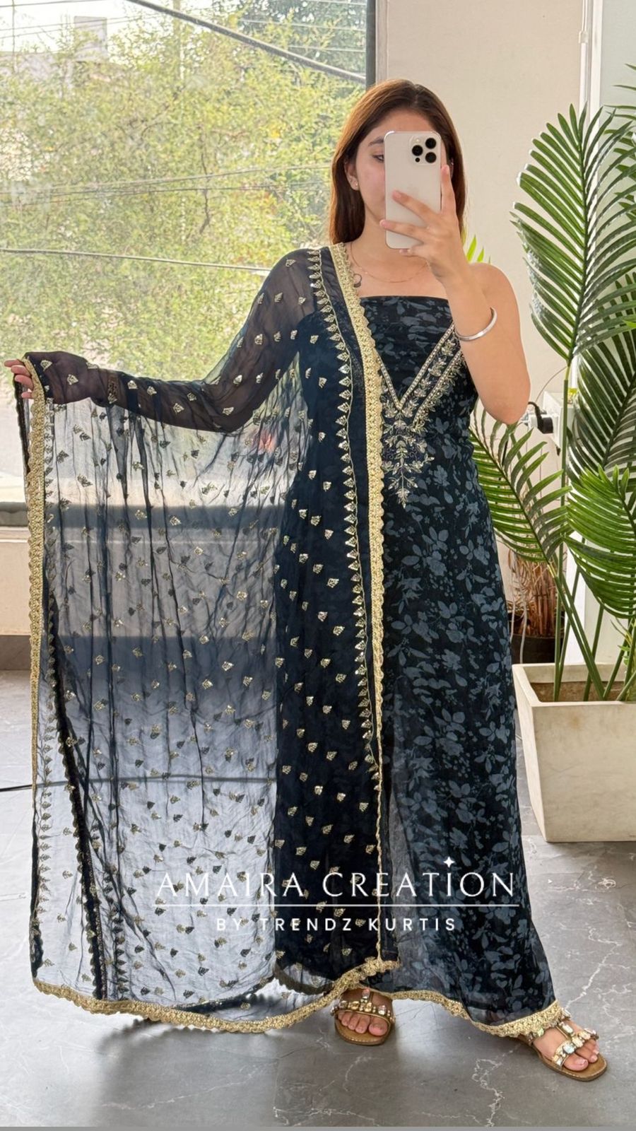 Premium Chinnon Fabric V neck Pattern Blue Colour Unstitched Suit With Georgette Dupatta