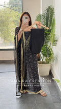 Premium Chinnon Fabric V neck Pattern Black Colour Unstitched Suit With Georgette Dupatta
