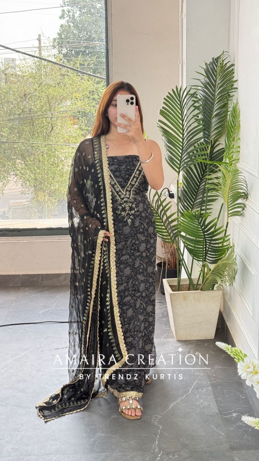 Premium Chinnon Fabric V neck Pattern Black Colour Unstitched Suit With Georgette Dupatta