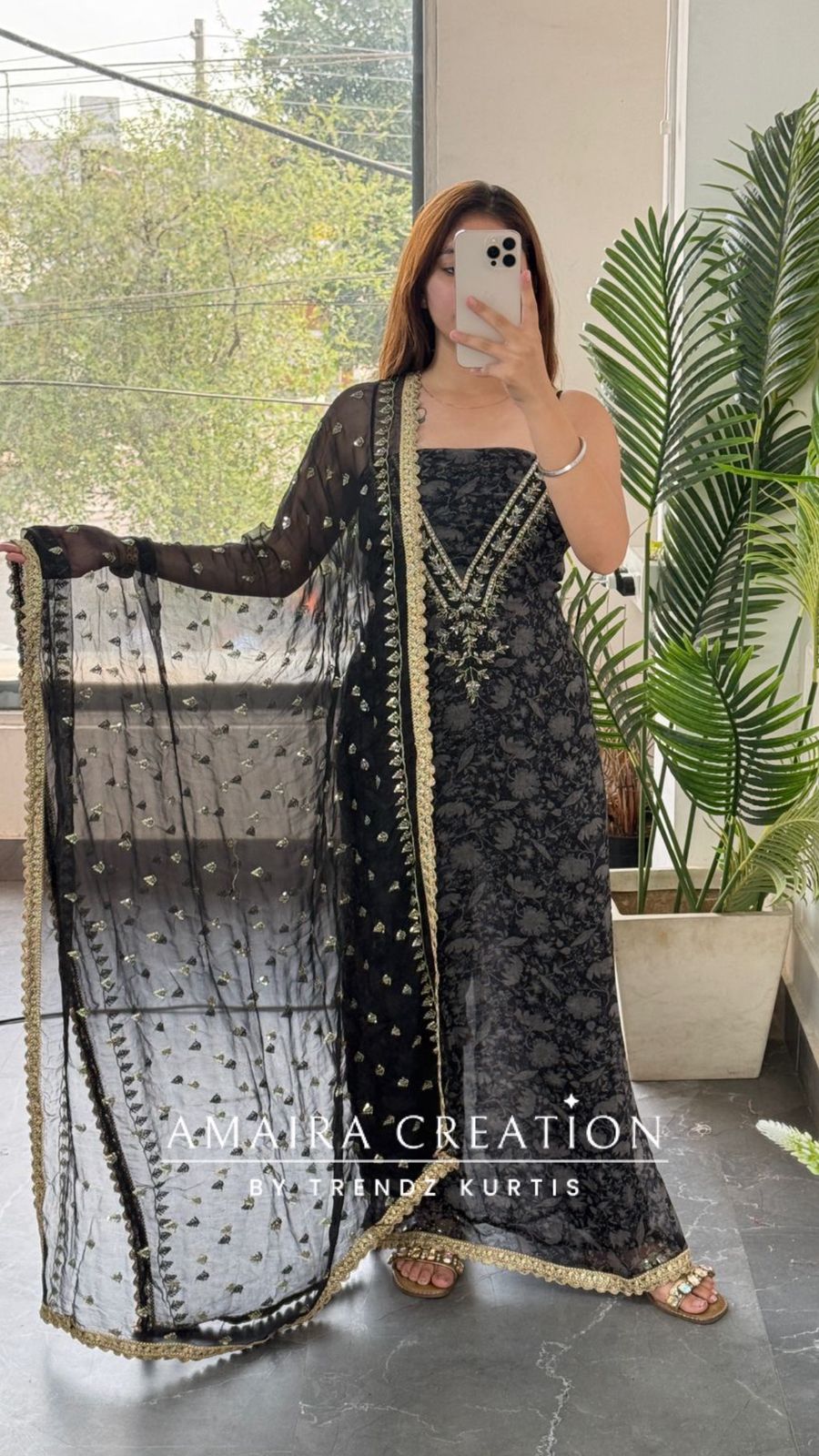 Premium Chinnon Fabric V neck Pattern Black Colour Unstitched Suit With Georgette Dupatta