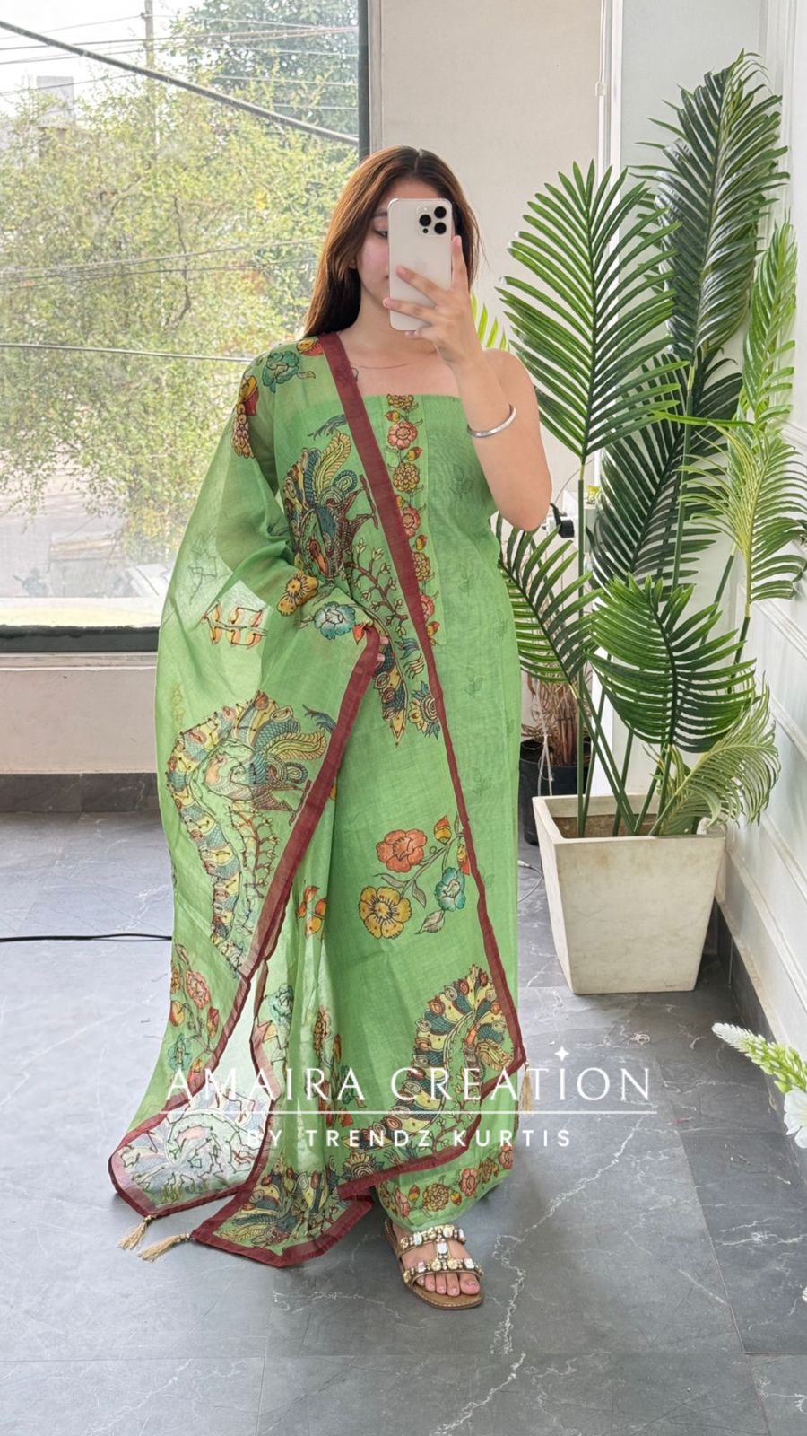 Premium Chanderi Green Kanta Work Unstitched Suit