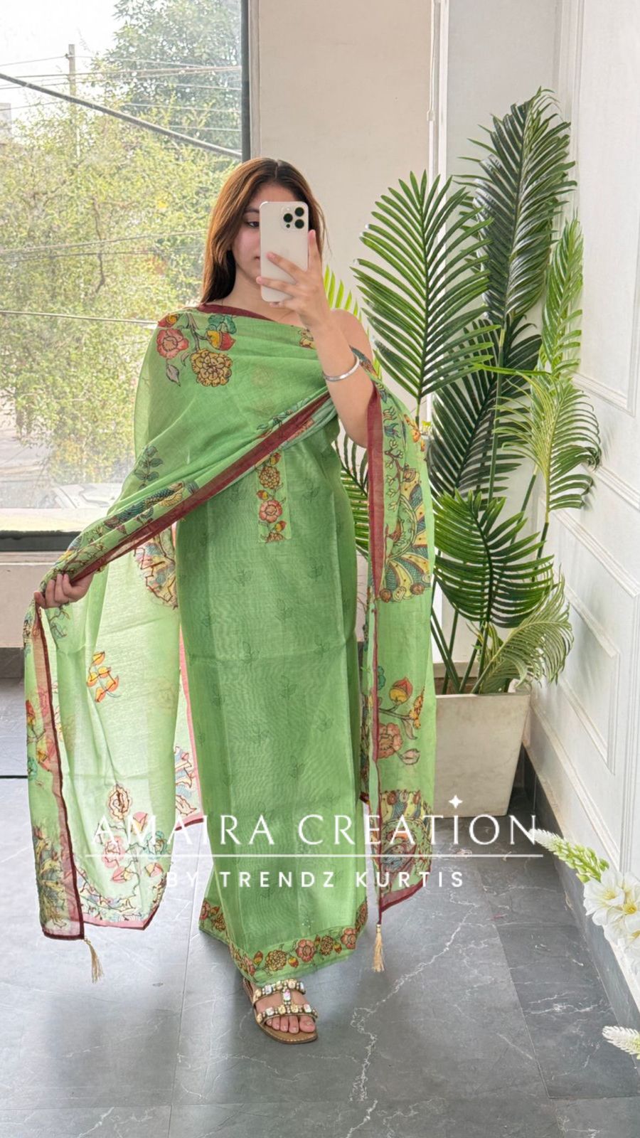 Premium Chanderi Green Kanta Work Unstitched Suit
