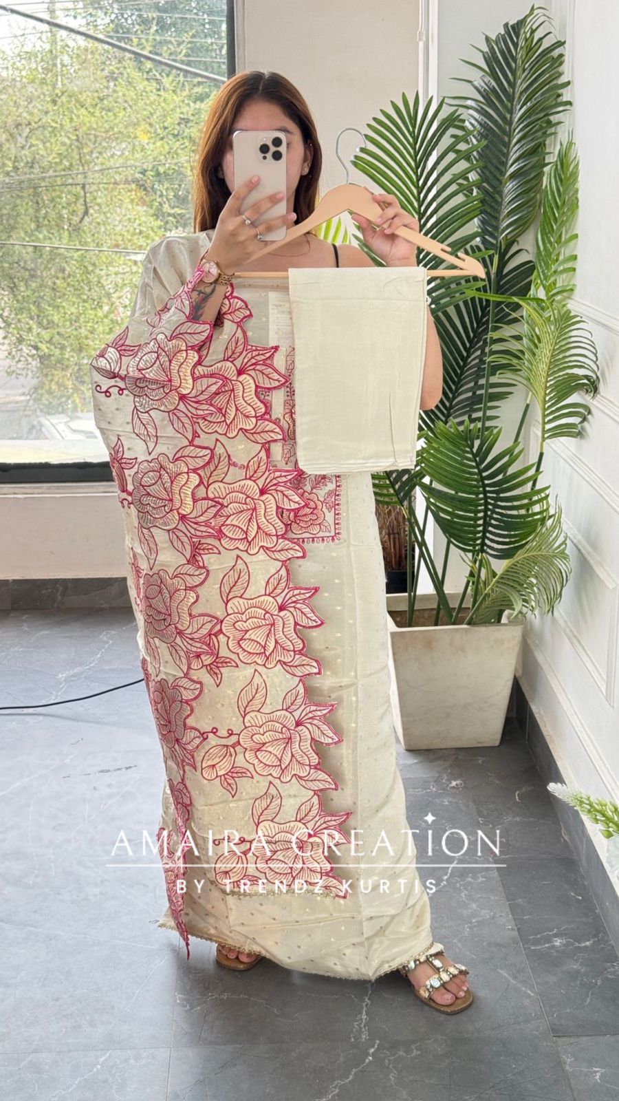 Premium Glass Tissue Ivory Pink Colour Unstitched Suit With Beautiful Dupatta