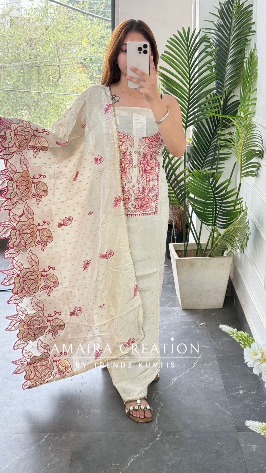 Premium Glass Tissue Ivory Pink Colour Unstitched Suit With Beautiful Dupatta