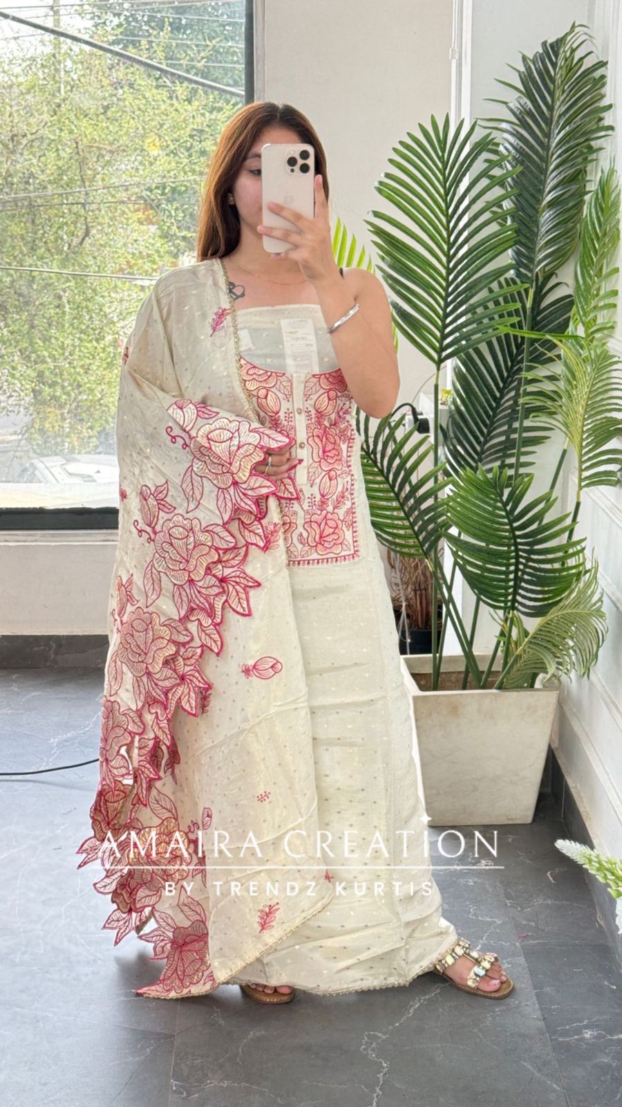 Premium Glass Tissue Ivory Pink Colour Unstitched Suit With Beautiful Dupatta