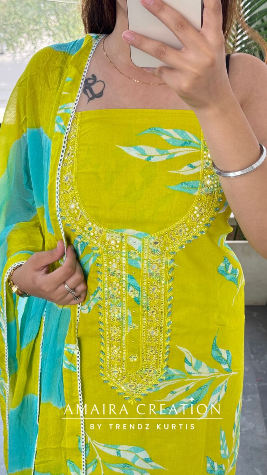 Premium Neon Green Colour Unstitched With Beautiful Chiffon Dupatta