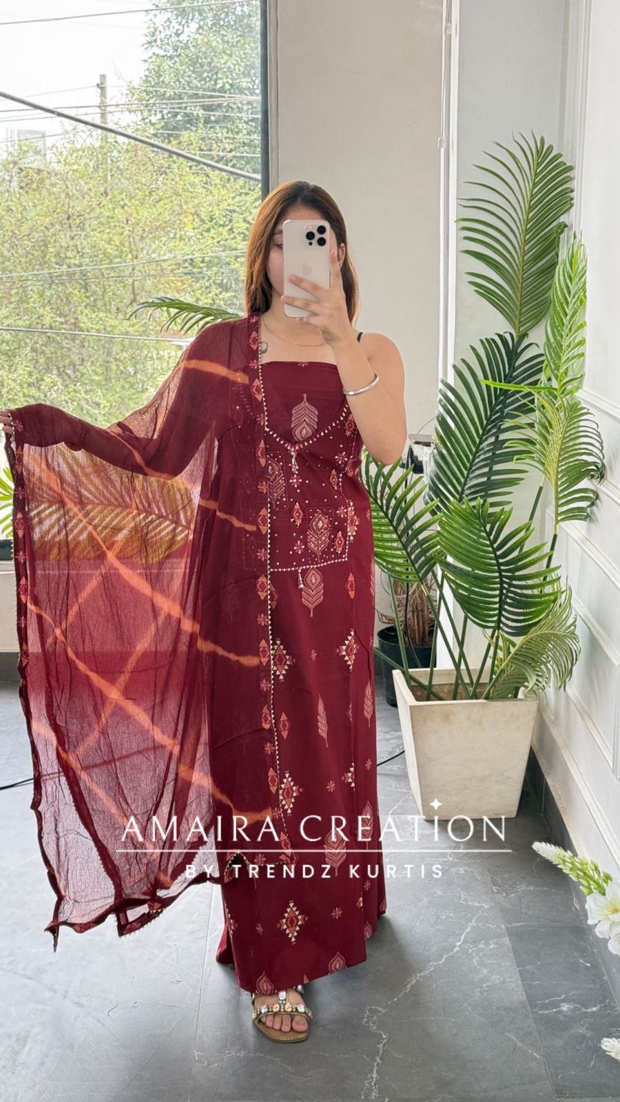 Premium Cotton Maroon Colour Unstitched Suit With Chiffon Dupatta
