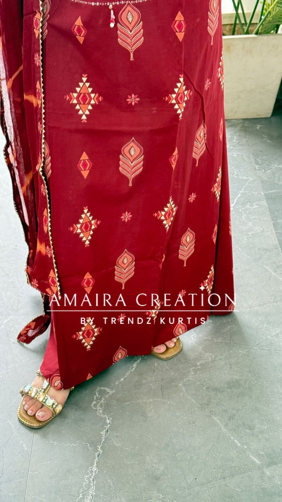 Premium Cotton Maroon Colour Unstitched Suit With Chiffon Dupatta