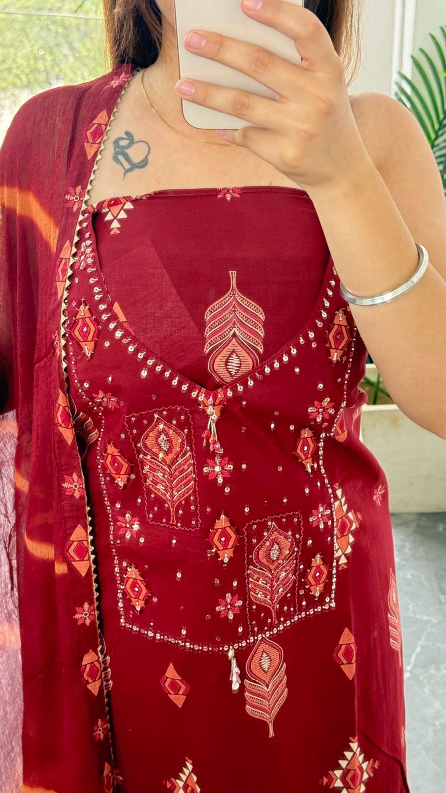 Premium Cotton Maroon Colour Unstitched Suit With Chiffon Dupatta