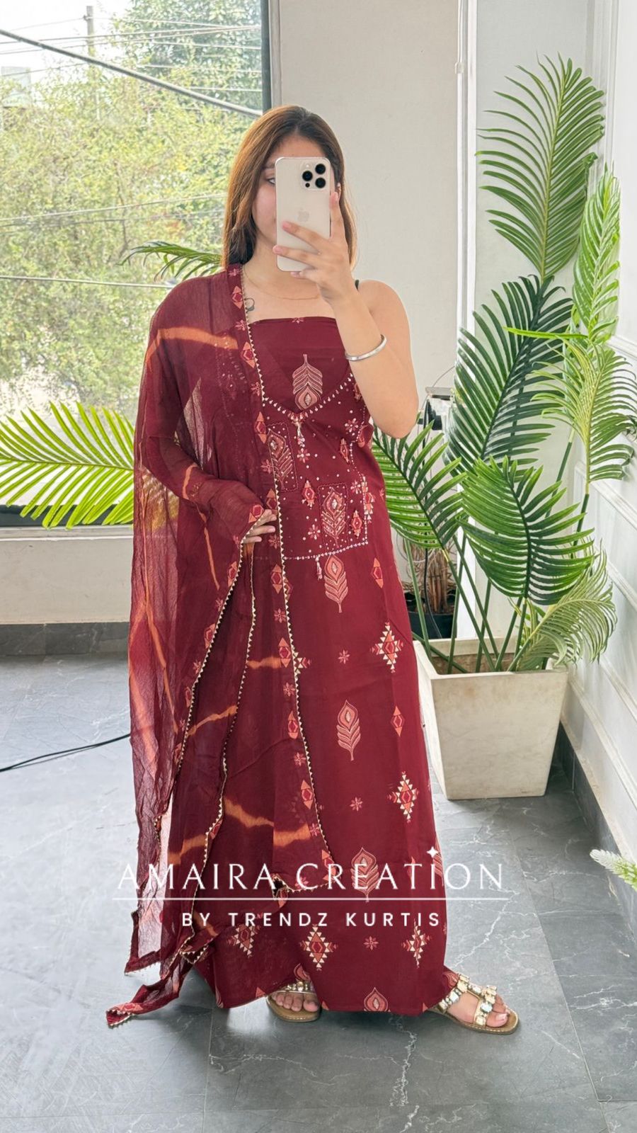 Premium Cotton Maroon Colour Unstitched Suit With Chiffon Dupatta