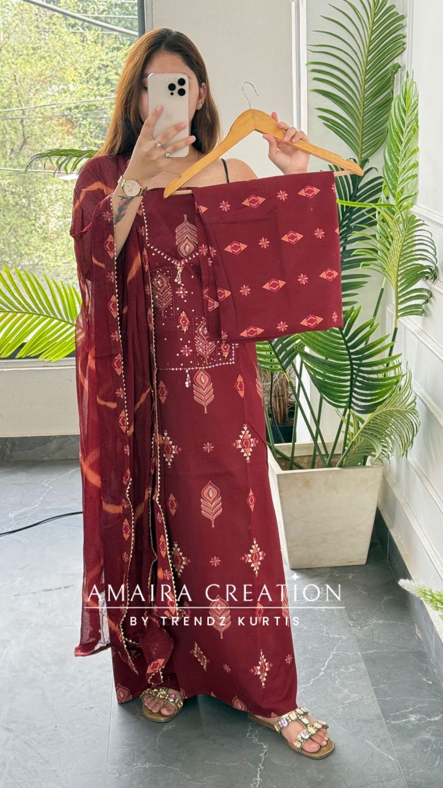 Premium Cotton Maroon Colour Unstitched Suit With Chiffon Dupatta