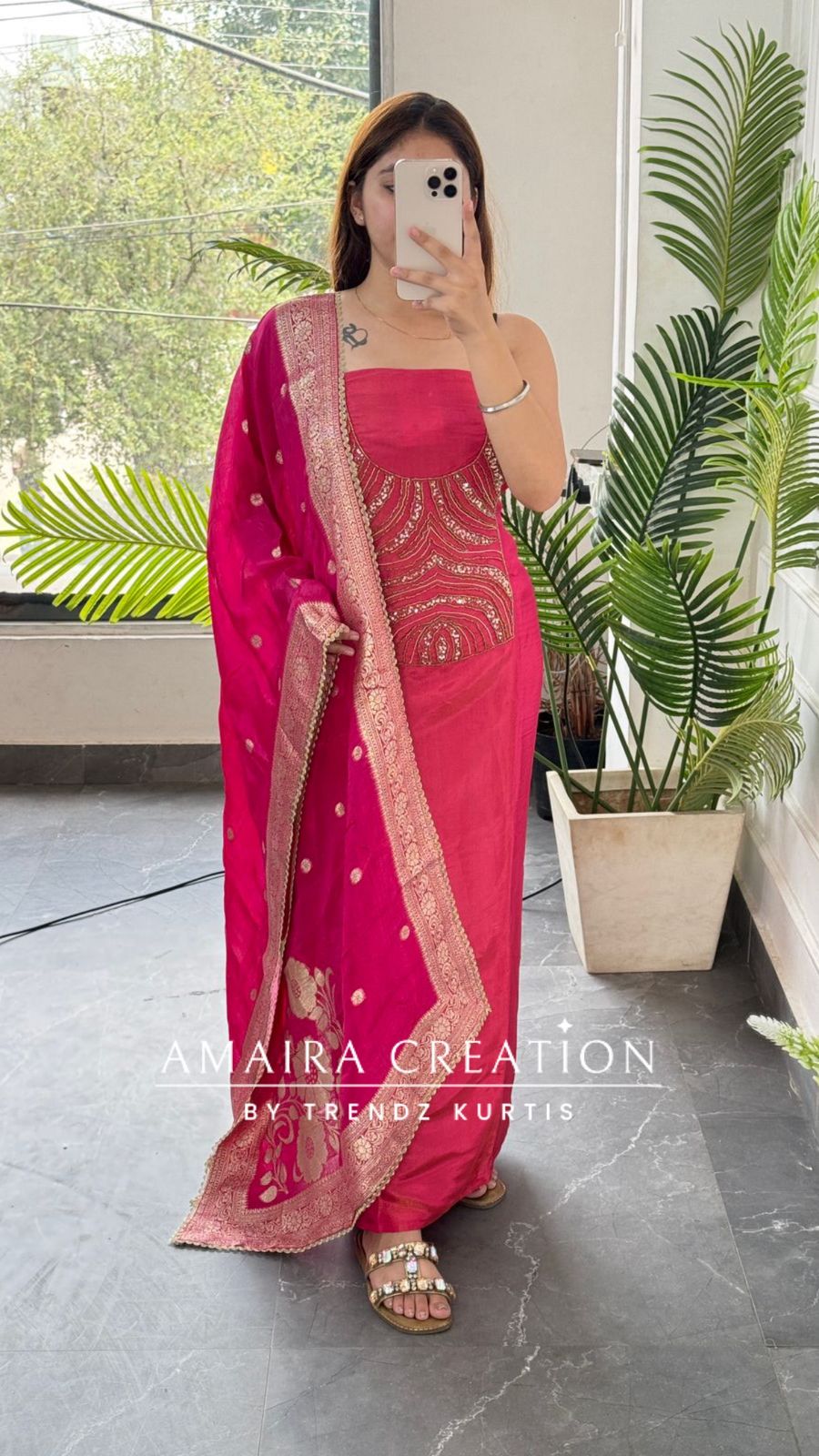 Premium Glass Tissue Pink Colour Unstitched Suit With Banarasi Dupatta
