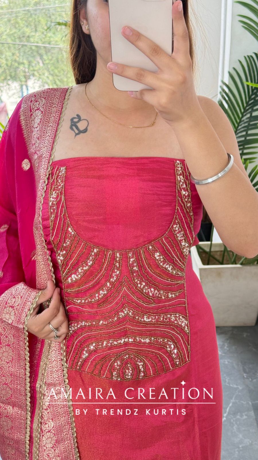 Premium Glass Tissue Pink Colour Unstitched Suit With Banarasi Dupatta