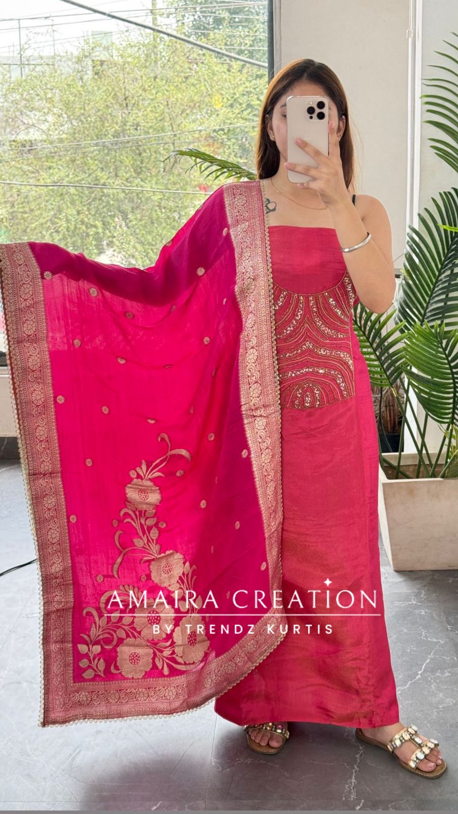 Premium Glass Tissue Pink Colour Unstitched Suit With Banarasi Dupatta