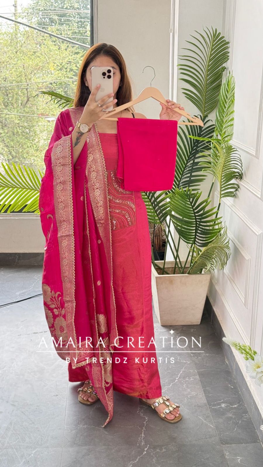 Premium Glass Tissue Pink Colour Unstitched Suit With Banarasi Dupatta
