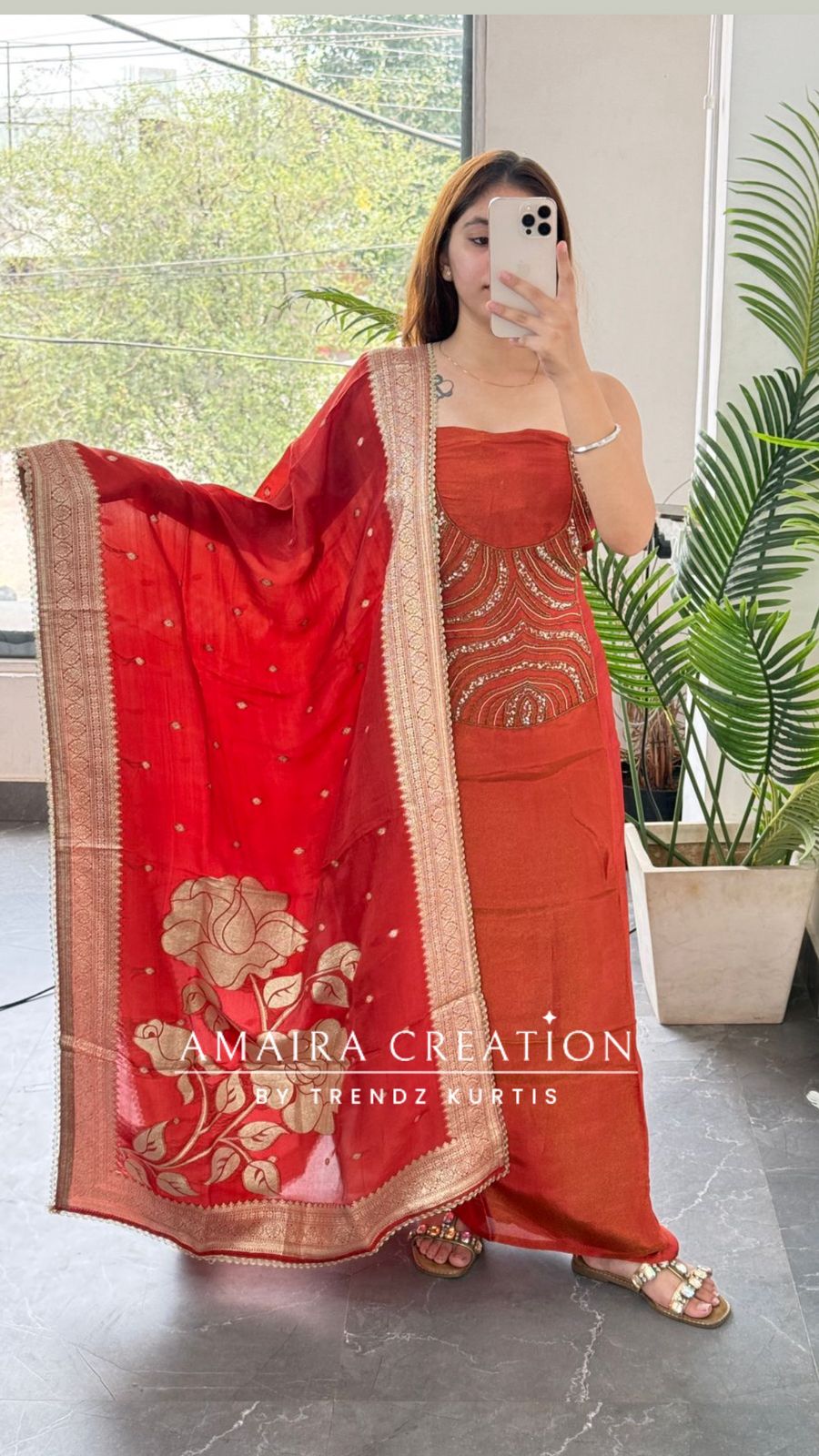Premium Glass Tissue Rust Colour Unstitched Suit With Banarasi Dupatta