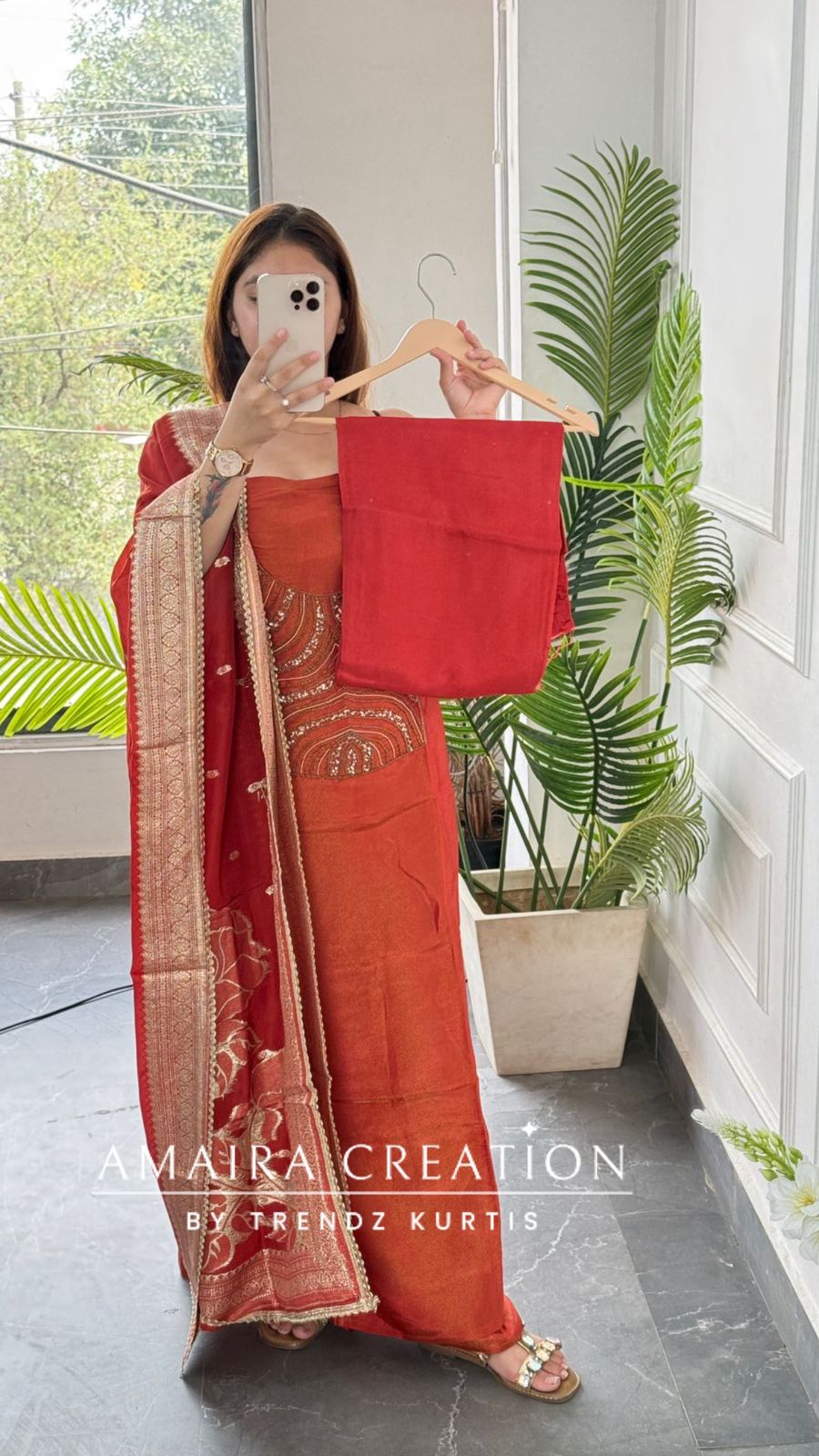 Premium Glass Tissue Rust Colour Unstitched Suit With Banarasi Dupatta