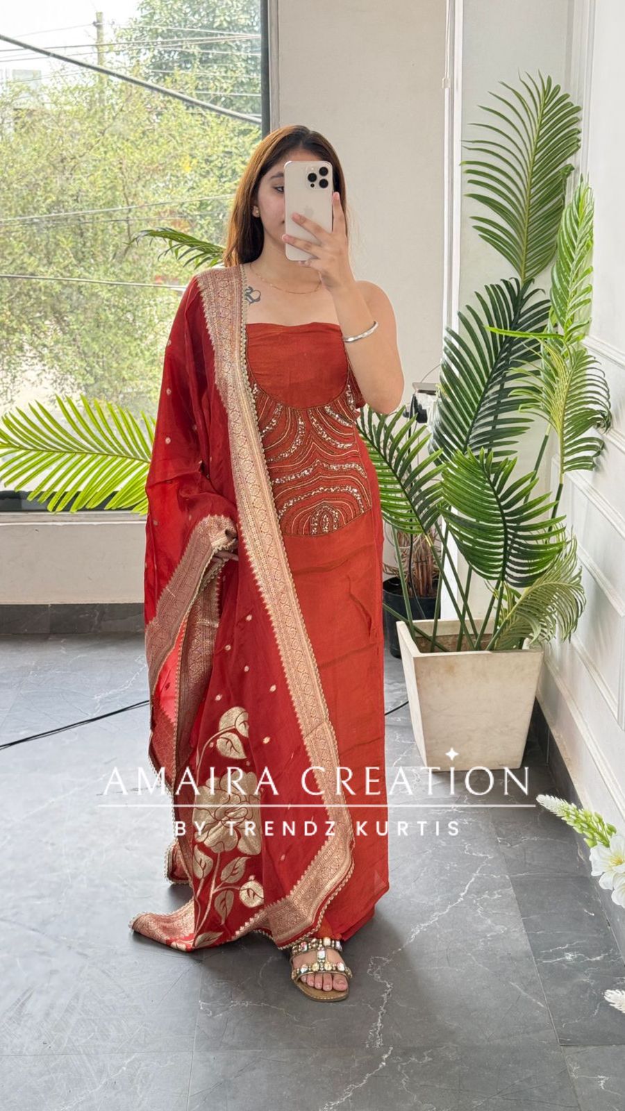Premium Glass Tissue Rust Colour Unstitched Suit With Banarasi Dupatta