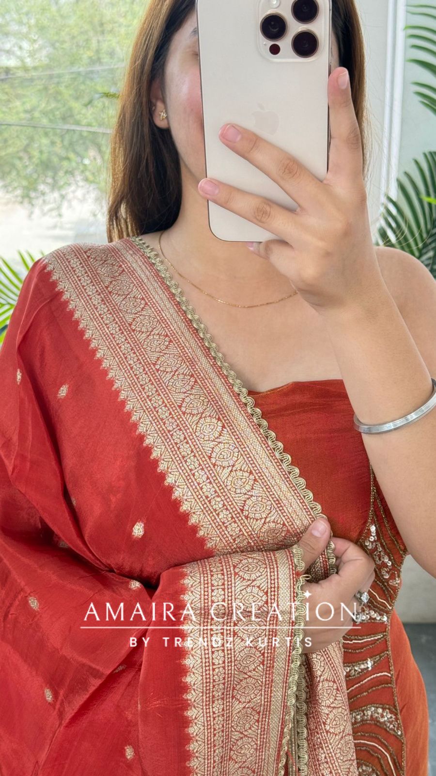 Premium Glass Tissue Rust Colour Unstitched Suit With Banarasi Dupatta