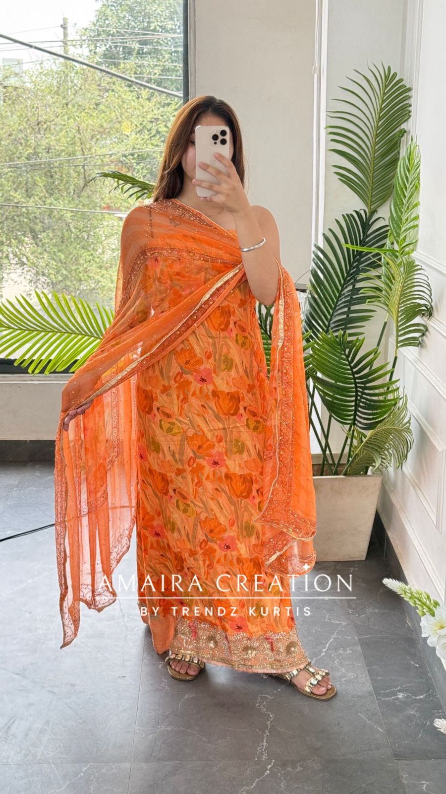 Premium Glaze Cotton Orange Colour Unstitched Suit With Heavy Emblishments