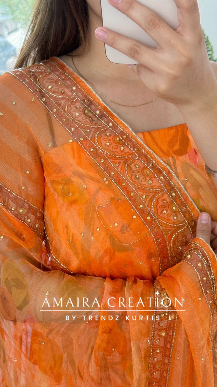 Premium Glaze Cotton Orange Colour Unstitched Suit With Heavy Emblishments