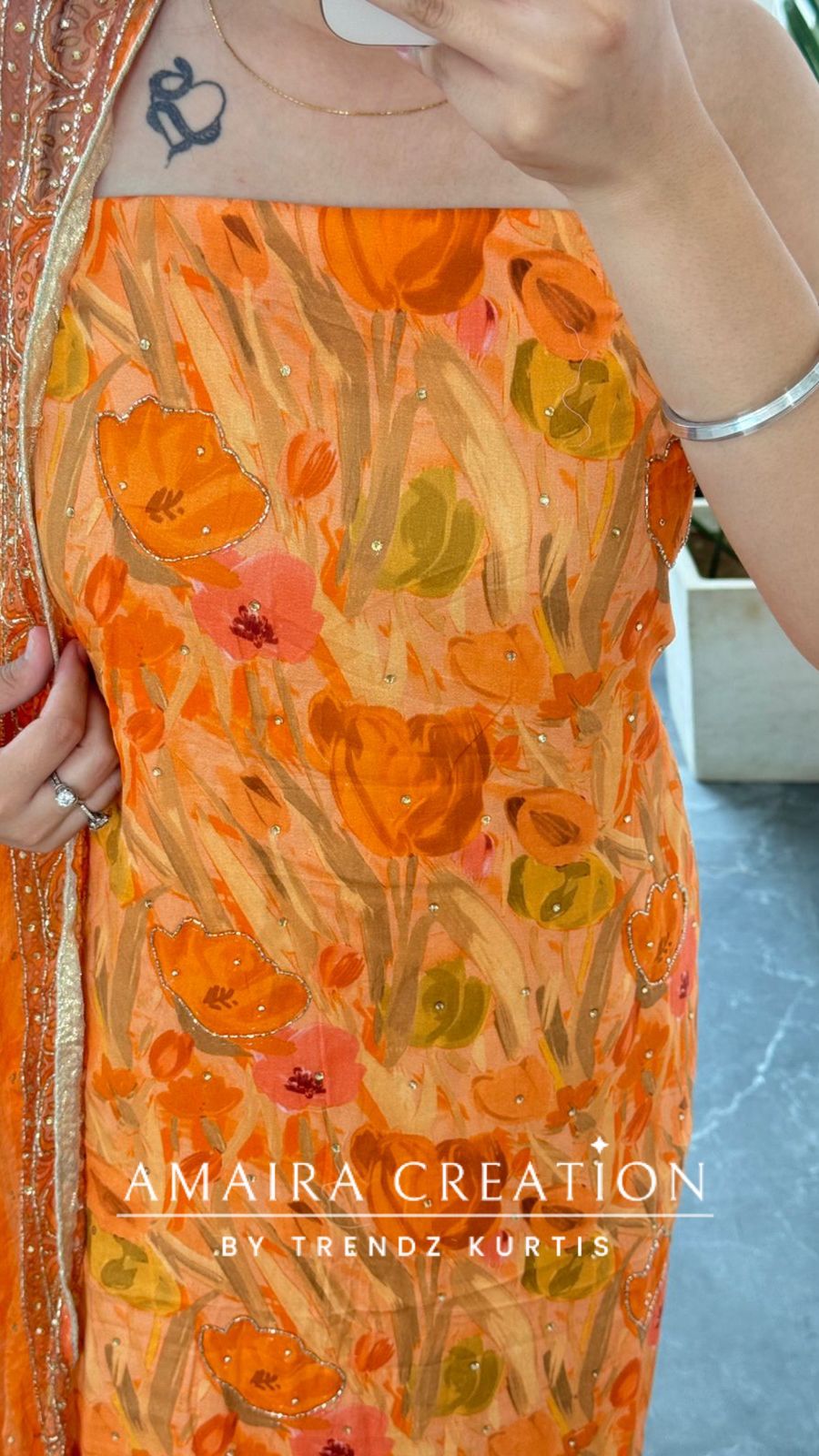 Premium Glaze Cotton Orange Colour Unstitched Suit With Heavy Emblishments
