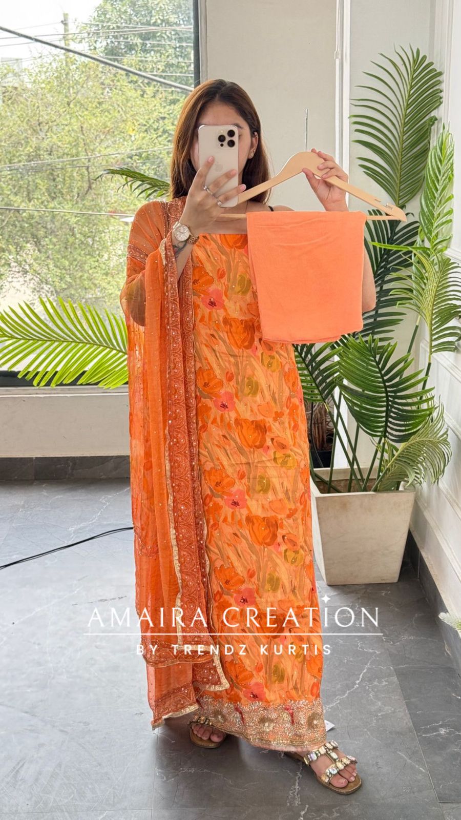 Premium Glaze Cotton Orange Colour Unstitched Suit With Heavy Emblishments