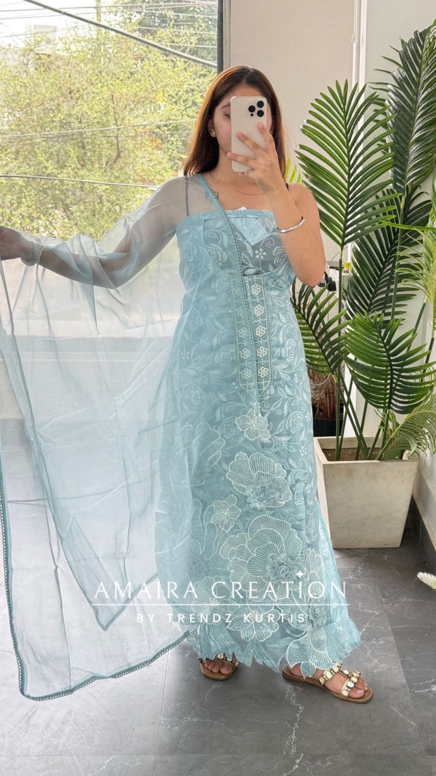 Premium Cotton Organza Fabric Powder Blue Color Unstitched Suit