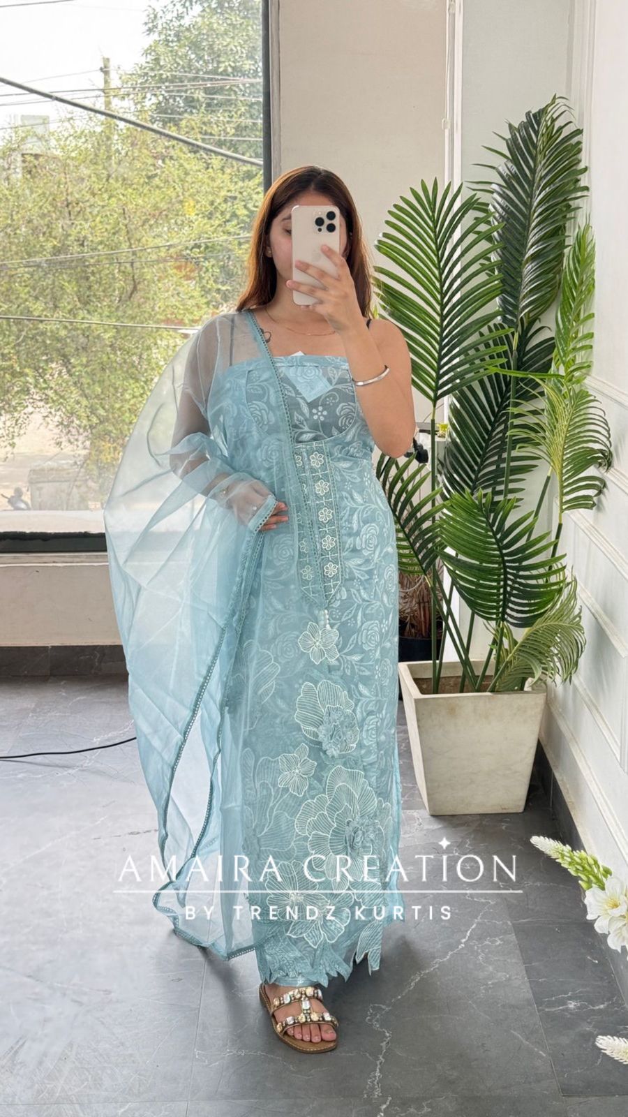 Premium Cotton Organza Fabric Powder Blue Color Unstitched Suit