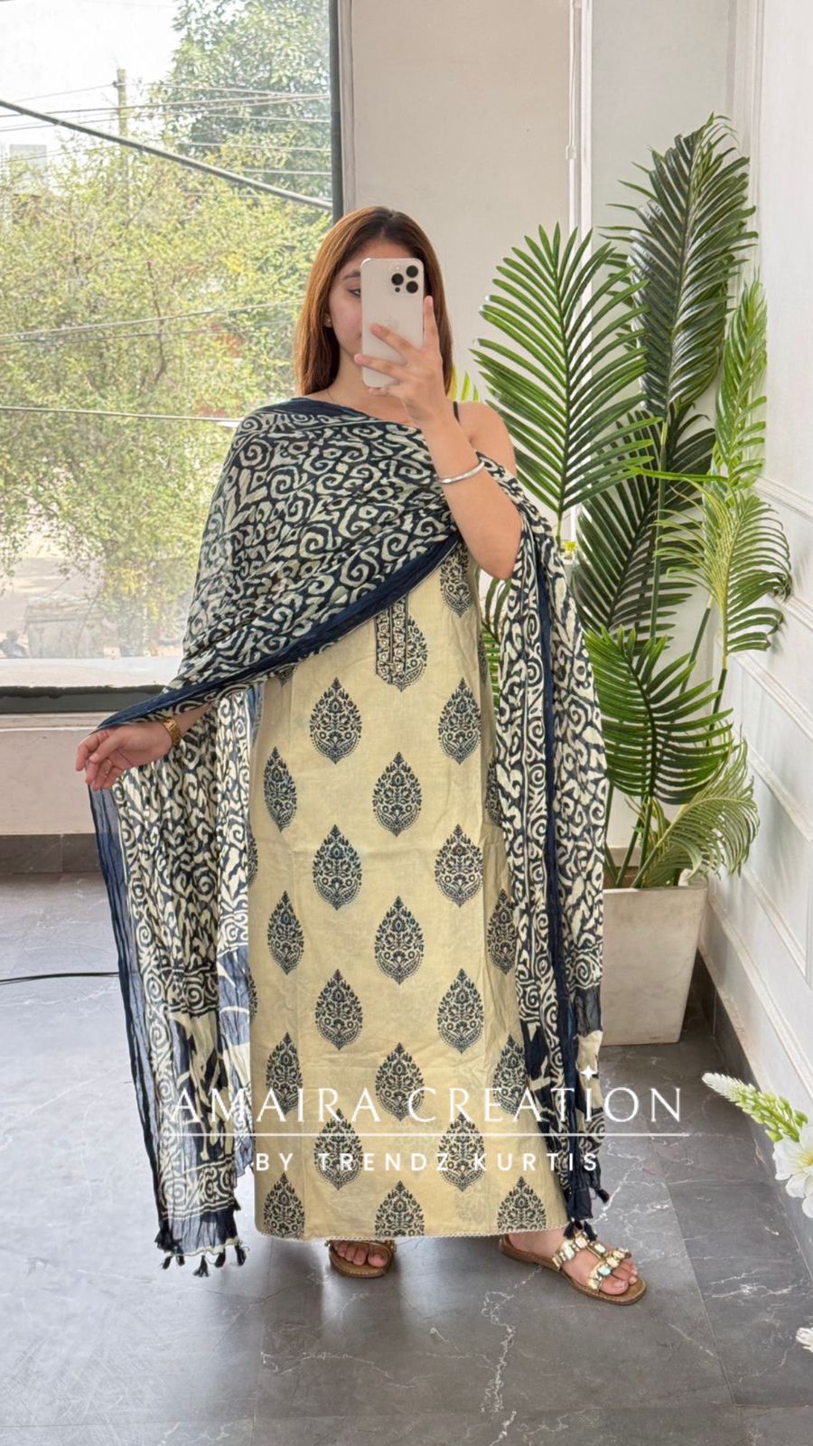 Premium Cotton Beige Blue Colour Unstitched Suit