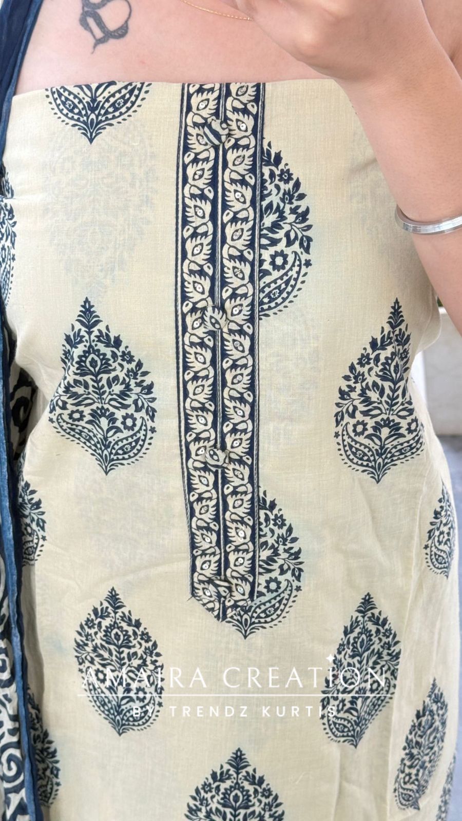 Premium Cotton Beige Blue Colour Unstitched Suit