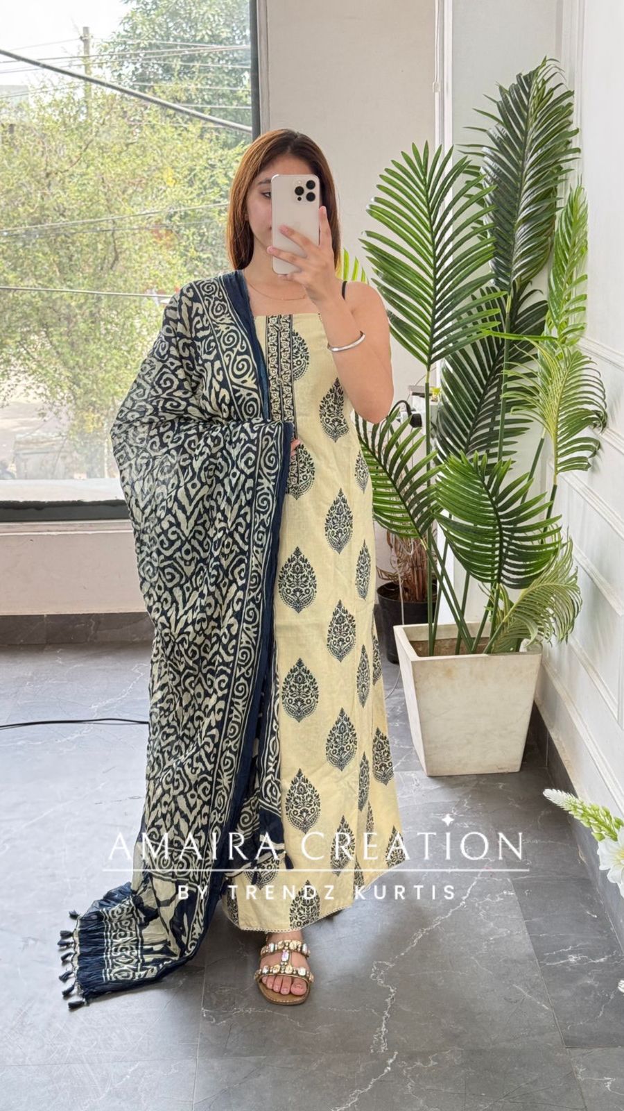 Premium Cotton Beige Blue Colour Unstitched Suit