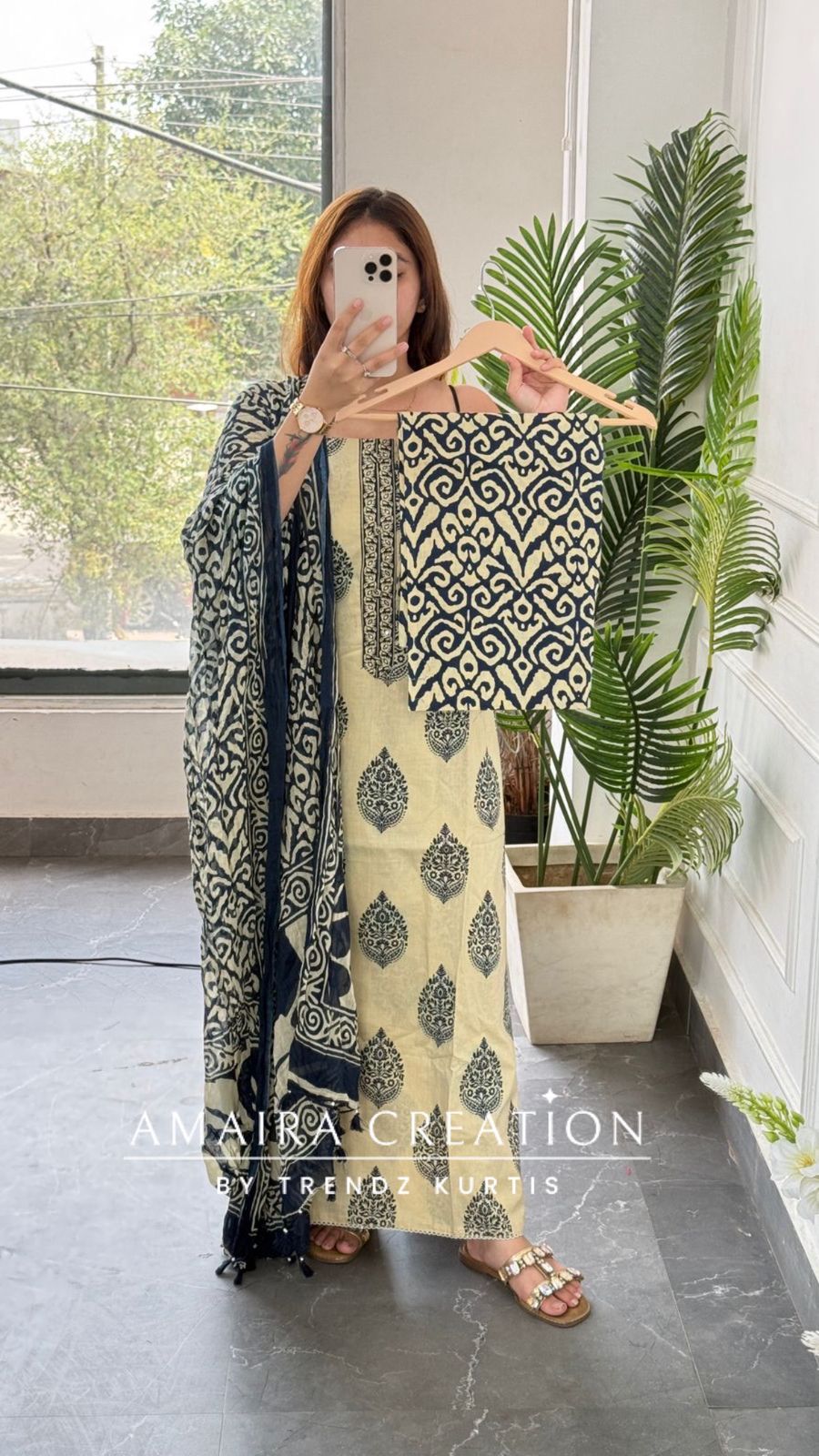 Premium Cotton Beige Blue Colour Unstitched Suit