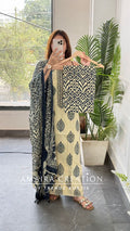 Premium Cotton Beige Blue Colour Unstitched Suit